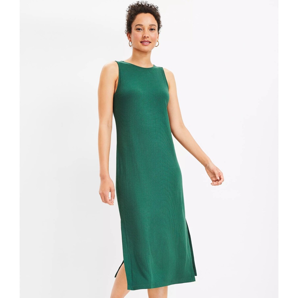 LOFT Twist Cutout Back Midi Dress Ribbed‎ Knit Green Summer Casual Minimalist